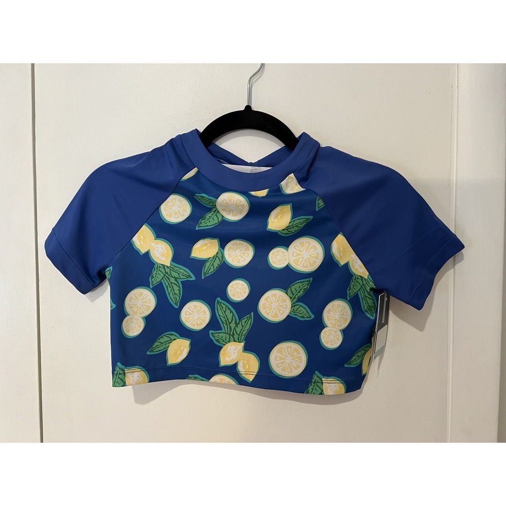 NWT‎ DSG Girls Swim Cropped Rash Guard Blue Lemons Size Large 10-12 Short Sleeve